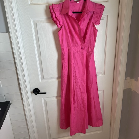The Unbranded Brand Dresses & Skirts - Pink Solid Deep V Neck Ruffle Cap Sleeves Classic Collar Midi Dress Sz M Fairy